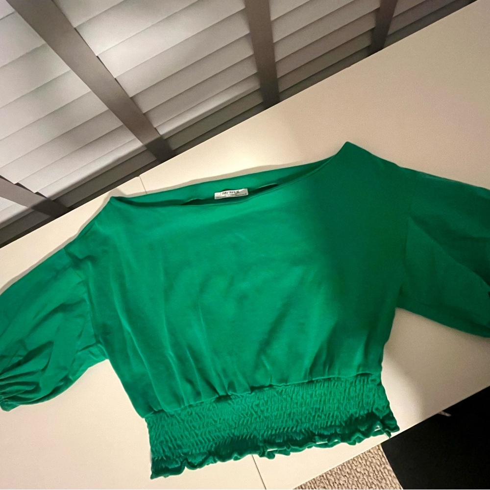 Zara Green Smocked Ruffled Blouse